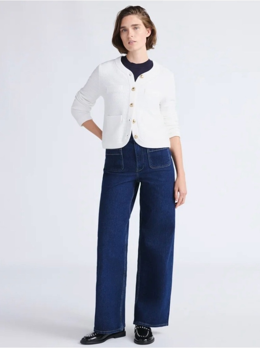 Free Assembly Classic White Cropped Button-Front Cardigan size L